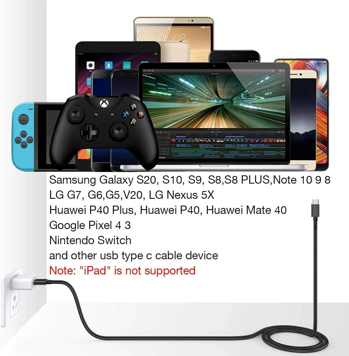 Braided USB to Type-C Fast Charging Data SYNC Charger Cable Cord 3/6/10FT Long